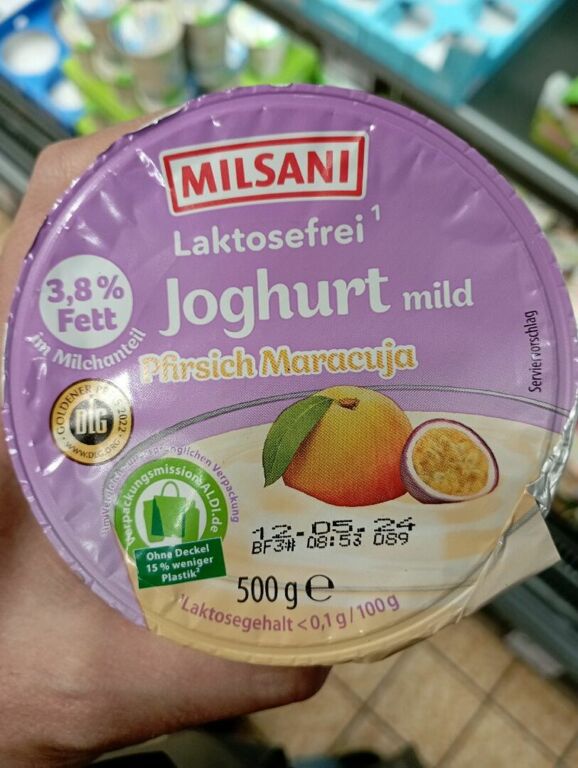 MILSANI Laktosefrei Joghurt mild Pfirsich Maracuja 3,8 % Fett 500 g