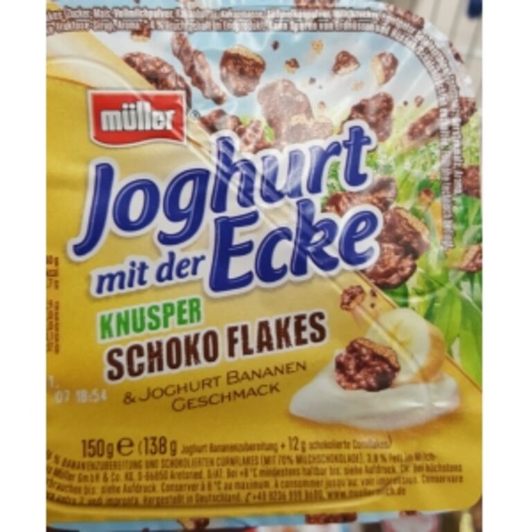 Müller Joghurt mit der Ecke Knusper Schoko Flakes + Joghurt-Bananen-Geschmack 150g